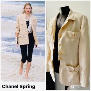 Chanel Vintage Beige Linen Silk Toile Safari Jacket